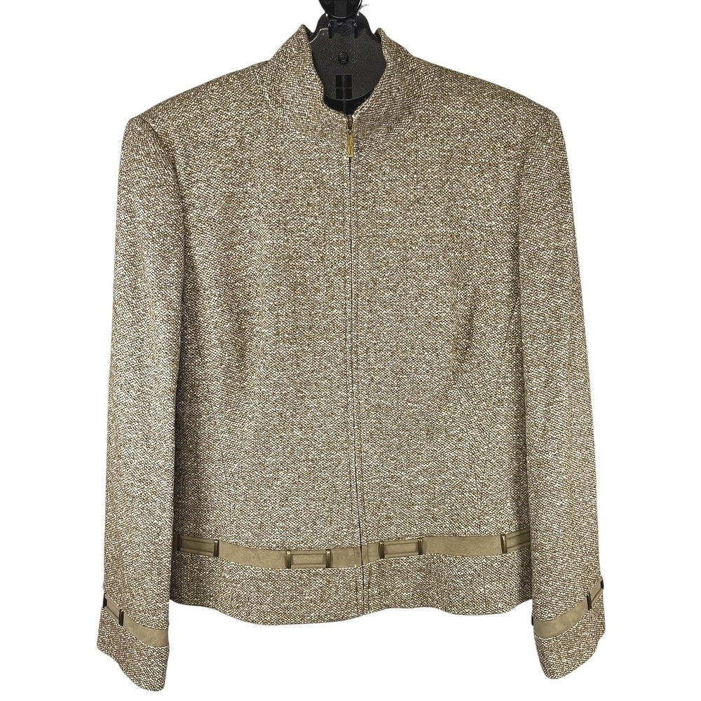 Carlisle Womens‎ Wool Blend Tweed Full Zip Jacket Tan White Mock Neck Size 14
